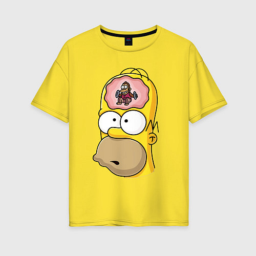 Женская футболка оверсайз Мартышка бьёт в тарелки в голове Гомера Симпсона / Желтый – фото 1