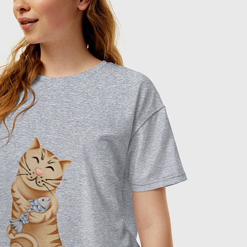 Женская футболка оверсайз Кот с рыбой в лапках / Меланж – фото 3