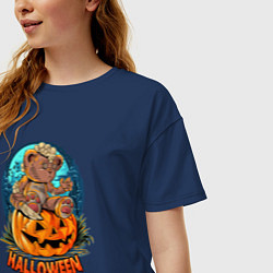 Футболка оверсайз женская Halloween - Мишка на тыкве, цвет: тёмно-синий — фото 2