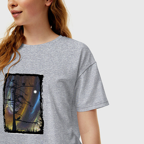 Женская футболка оверсайз Кошки на дереве и северное сияние / Меланж – фото 3