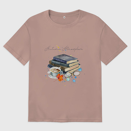 Женская футболка оверсайз Autumn atmosphere with books and coffee / Пыльно-розовый – фото 1