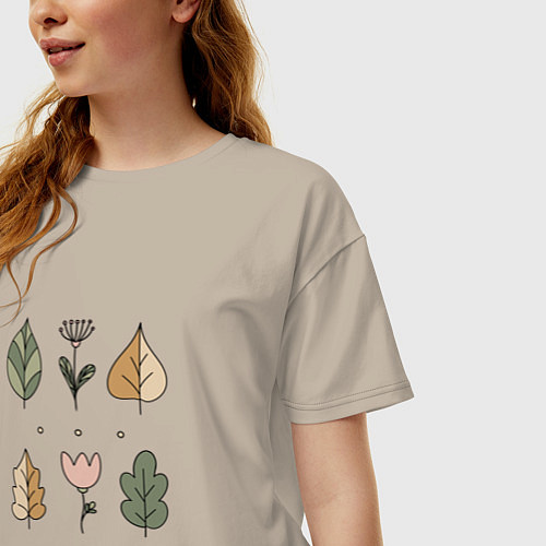 Женская футболка оверсайз Цвети и листья минимализм / Миндальный – фото 3
