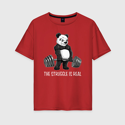 Женская футболка оверсайз Это настоящая борьба - панда штангист / Красный – фото 1