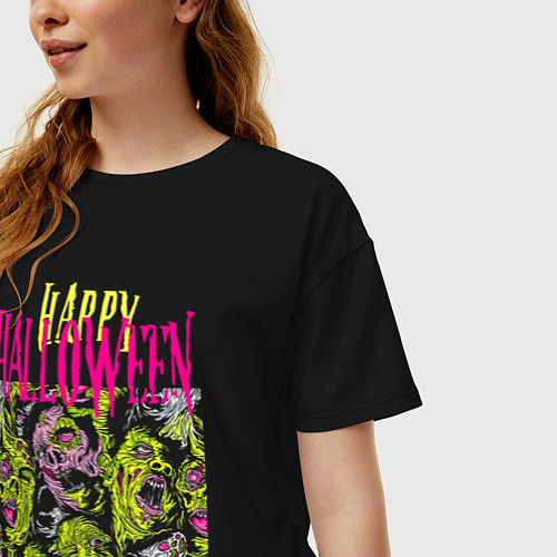 Женская футболка оверсайз Happy Halloween - crazy faces / Черный – фото 3