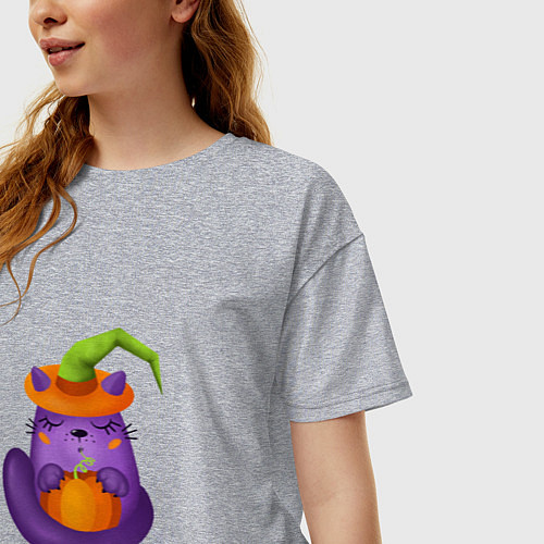 Женская футболка оверсайз Кот с тыквой на Хеллоуин / Меланж – фото 3