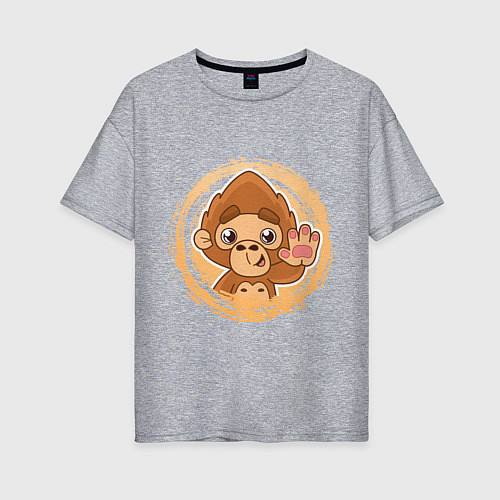 Женская футболка оверсайз Забавная обезьянка машет рукой / Меланж – фото 1
