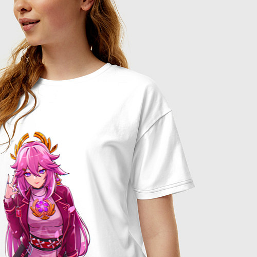 Женская футболка оверсайз Яэ Мико на стиле - Геншин Импакт / Белый – фото 3