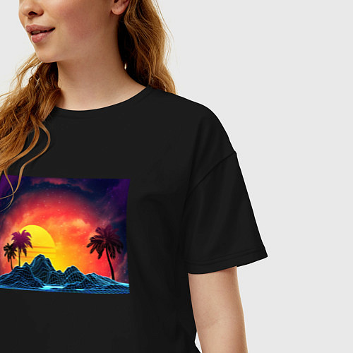 Женская футболка оверсайз Пляж и пальмы абстрактный ретро дизайн / Черный – фото 3