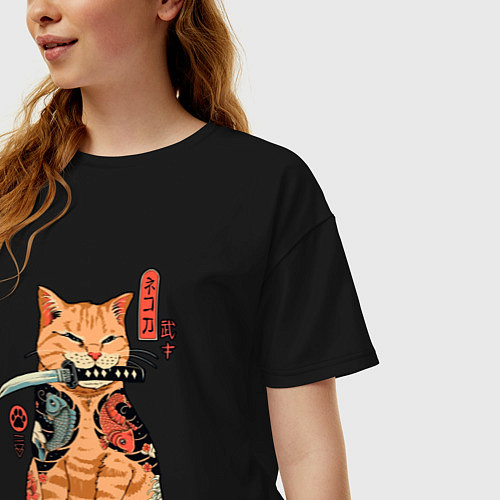 Женская футболка оверсайз Японский Кот Якудза / Черный – фото 3