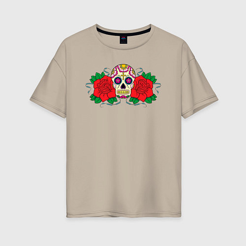Женская футболка оверсайз Мексиканский череп и розы / Миндальный – фото 1