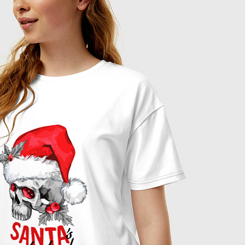 Женская футболка оверсайз Santa is not dead, skull in red hat, holly / Белый – фото 3