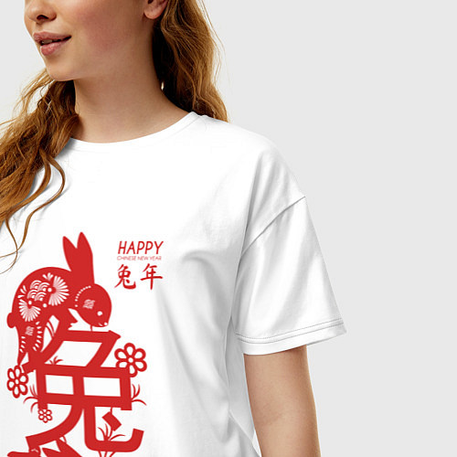 Женская футболка оверсайз Happy chinese new year, red rabbit / Белый – фото 3