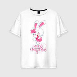 Футболка оверсайз женская Cute bunny, merry Christmas, цвет: белый