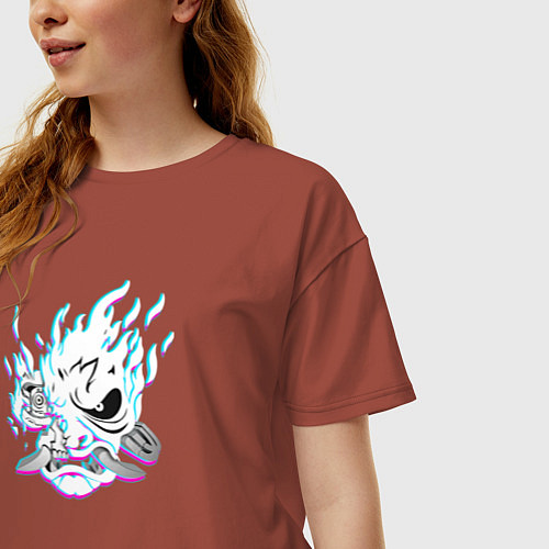 Женская футболка оверсайз Cyberpunk 2077 neon samurai glitch art / Кирпичный – фото 3