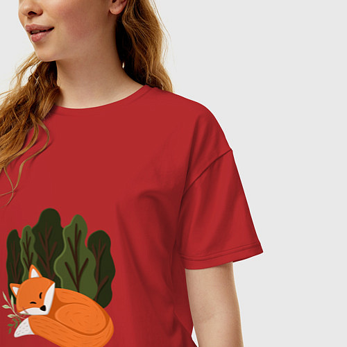 Женская футболка оверсайз Рыжая лиса на природе / Красный – фото 3