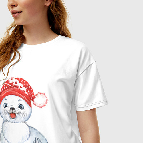 Женская футболка оверсайз Новогодний тюлень / Белый – фото 3