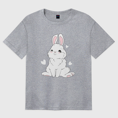 Женская футболка оверсайз Милый белый зайчик с сердечками / Меланж – фото 1