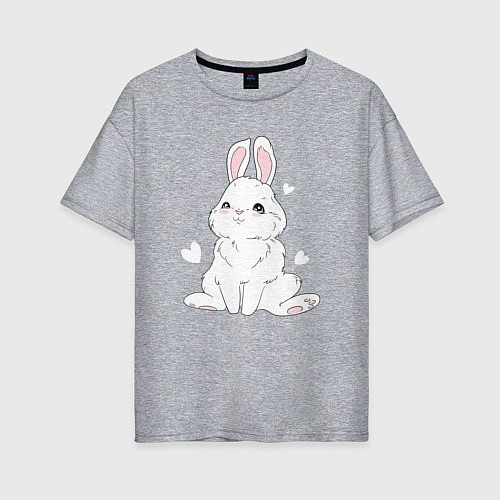 Женская футболка оверсайз Милый белый зайчик с сердечками / Меланж – фото 1