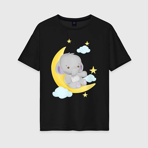 Женская футболка оверсайз Милый слонёнок сидит на месяце среди звёзд / Черный – фото 1