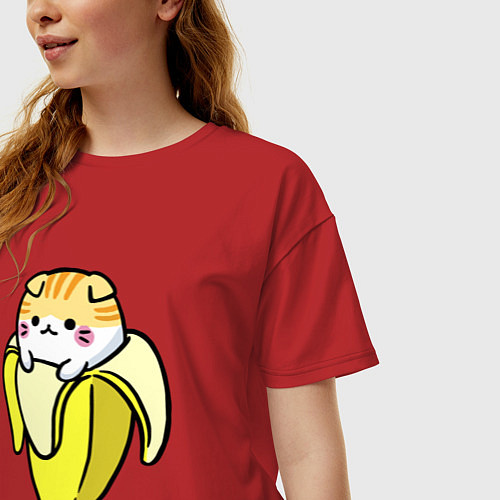 Женская футболка оверсайз Милый котик сидит в банановой кожуре / Красный – фото 3