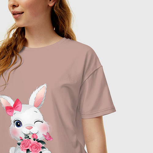 Женская футболка оверсайз Зайка с цветочками / Пыльно-розовый – фото 3