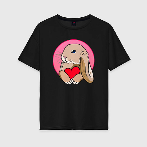 Женская футболка оверсайз Кролик с красным сердечком / Черный – фото 1
