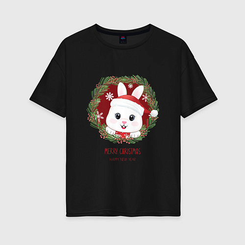 Женская футболка оверсайз Кролик в новогоднем венке / Черный – фото 1