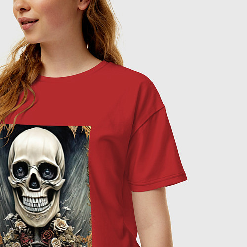 Женская футболка оверсайз Череп в увядших цветах / Красный – фото 3