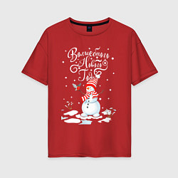 Футболка оверсайз женская Новогодний снеговик, цвет: красный