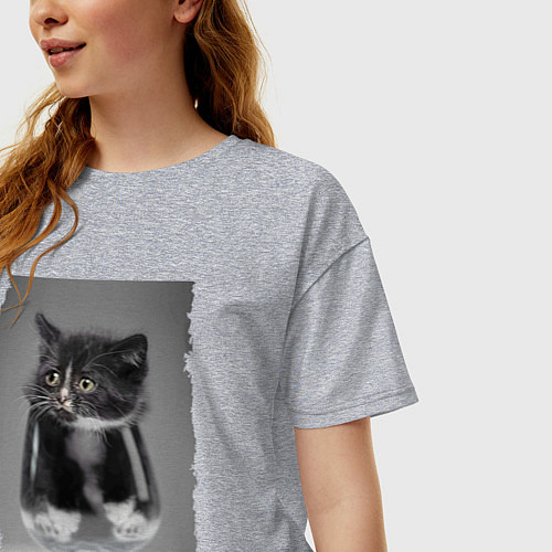 Женская футболка оверсайз Котёнок в бокале / Меланж – фото 3