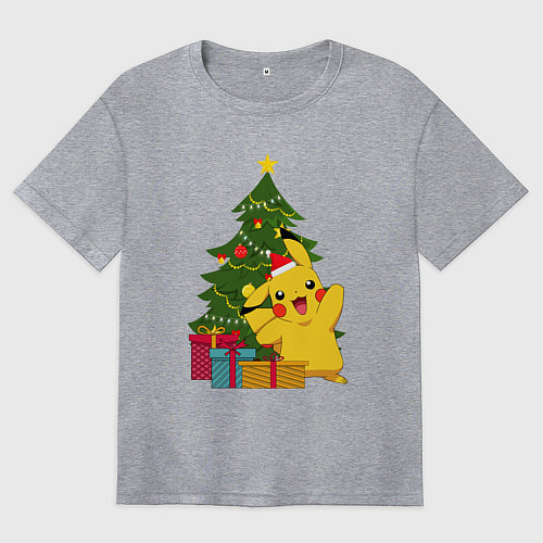 Женская футболка оверсайз Новогодний Пикачу и елка / Меланж – фото 1