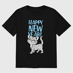 Футболка оверсайз женская Happy new year - kitten, цвет: черный