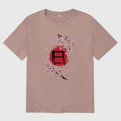 Женская футболка оверсайз Цветущая сакура и красный круг с японским иероглиф