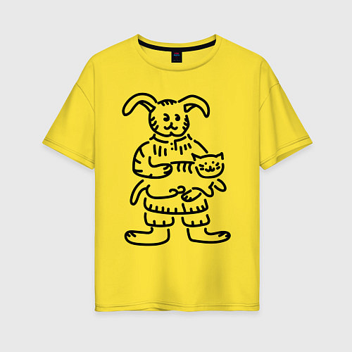 Женская футболка оверсайз Кролик гладит кота / Желтый – фото 1