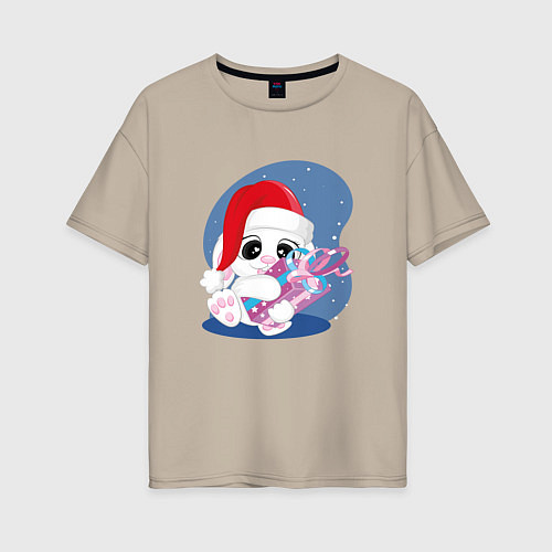 Женская футболка оверсайз Новогодний кролик с подарком / Миндальный – фото 1