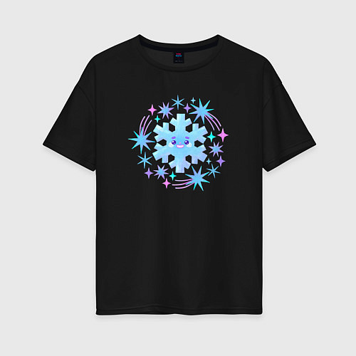Женская футболка оверсайз Смешная снежинка с разноцветными звездами / Черный – фото 1