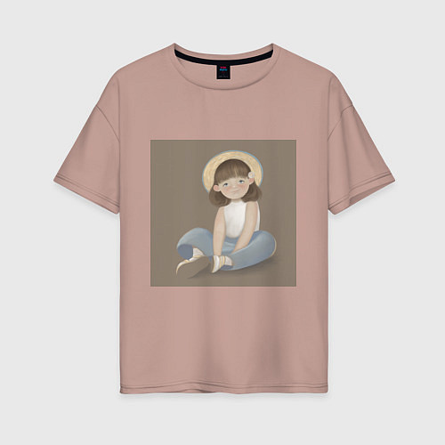 Женская футболка оверсайз Мультяшная девочка в шляпке / Пыльно-розовый – фото 1