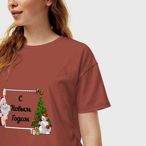 Женская футболка оверсайз Новогоднее настроение от Санты / Кирпичный – фото 3