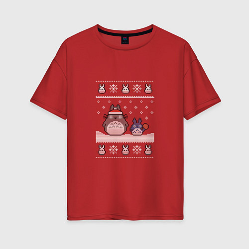 Женская футболка оверсайз Новогодние тоторики - ugly sweater / Красный – фото 1