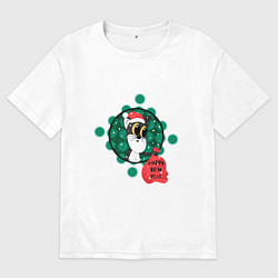 Футболка оверсайз женская Черный кот с красным мешком подарков, цвет: белый