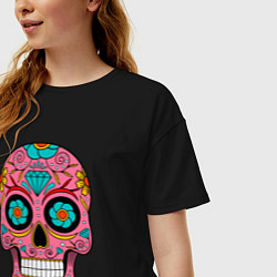 Футболка оверсайз женская Розовый череп праздника мёртвых, цвет: черный — фото 2