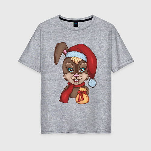 Женская футболка оверсайз Кролик новогодний в шапке Деда Мороза с подарком / Меланж – фото 1