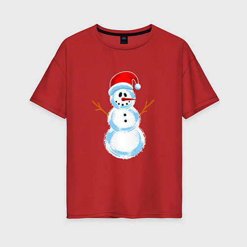 Женская футболка оверсайз Мультяшный новогодний снеговик / Красный – фото 1