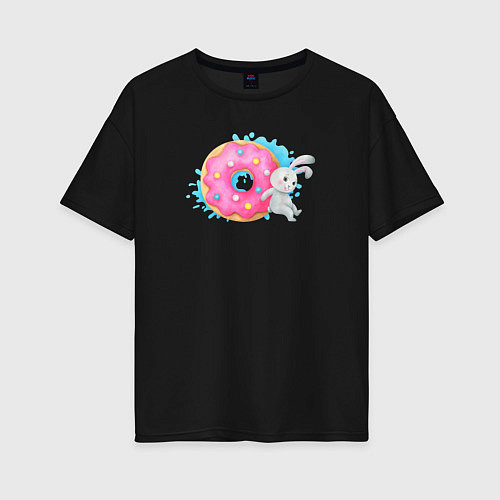 Женская футболка оверсайз Серый зайчик розовым пончиком / Черный – фото 1