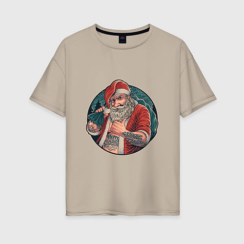 Женская футболка оверсайз Крутой Санта Клаус / Миндальный – фото 1