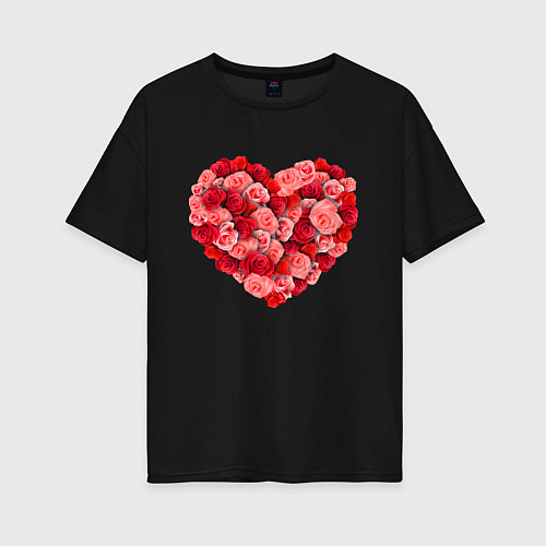 Женская футболка оверсайз Сердце составленное из роз / Черный – фото 1