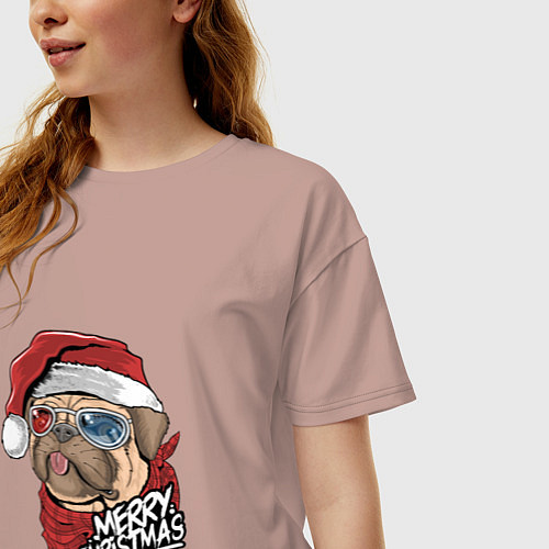 Женская футболка оверсайз Pug merry christmas / Пыльно-розовый – фото 3