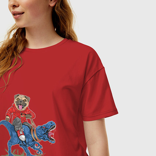 Женская футболка оверсайз Мопс на динозавре / Красный – фото 3