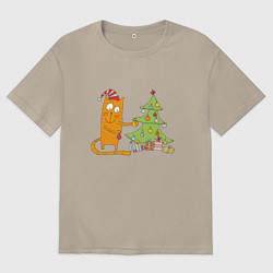 Футболка оверсайз женская Кот наряжает новогоднюю ёлку, цвет: миндальный