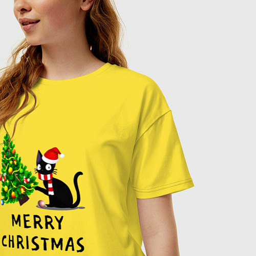 Женская футболка оверсайз Кот валит новогоднюю ёлку / Желтый – фото 3